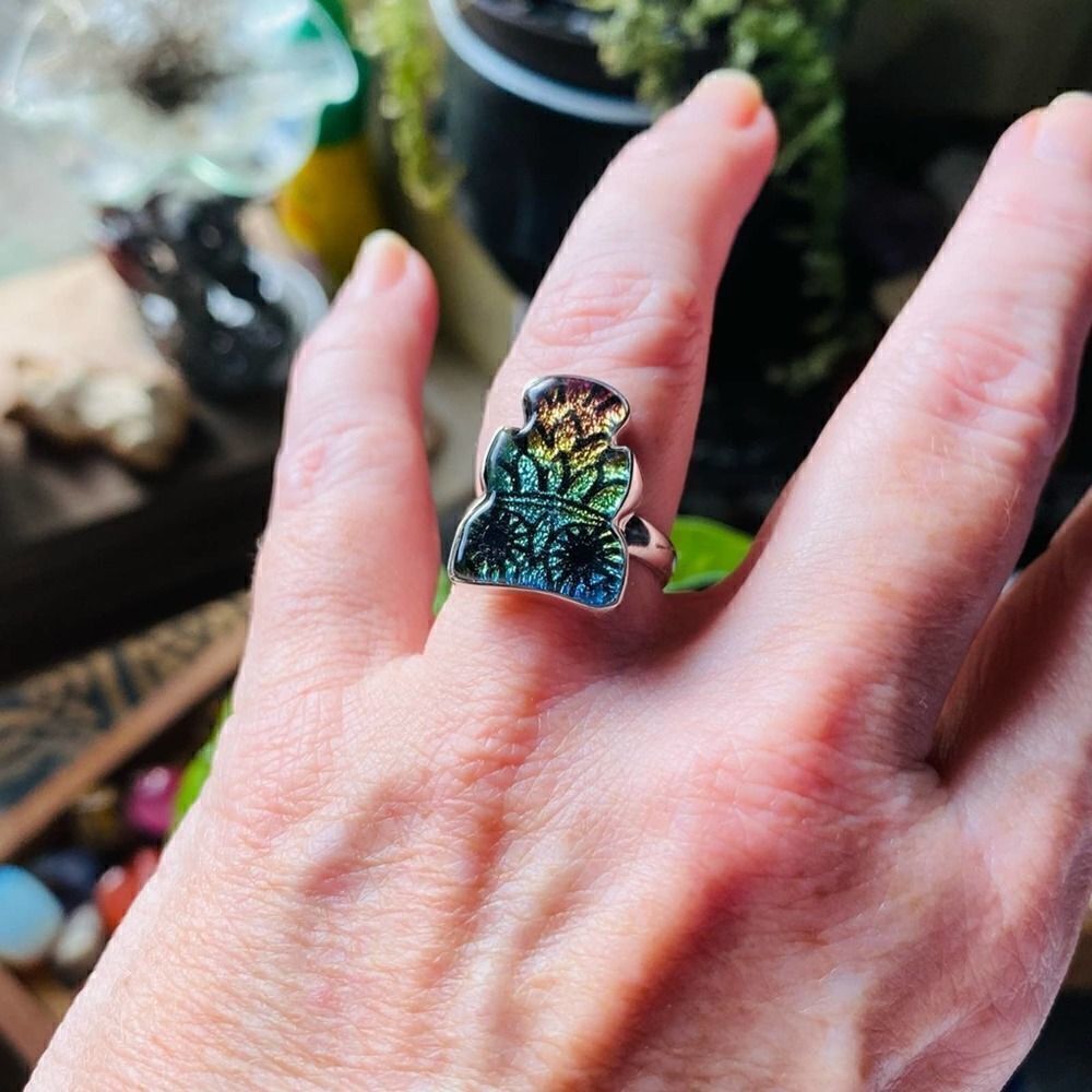 Owl Dichroic Glass Solid Sterling Silver Ring Size 7